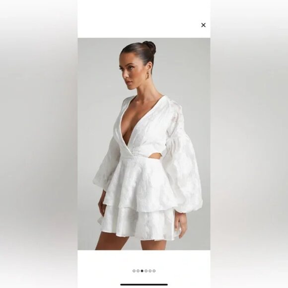 Showpo Allea Tiered Mini Dress, deep V-neck, balloon sleeves, tiered skirt, Sz 8 - Picture 3 of 4